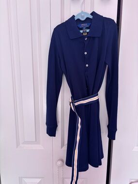 Polo by Ralph Lauren Navy Long Sleeve Polo Shirt Dress with Striped Belt
